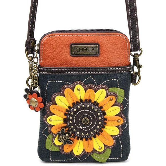 Women Navy Sunflower Canvas Multicolor Cell Phone Purse with Adjustable Strap - Picture 2 of 10
